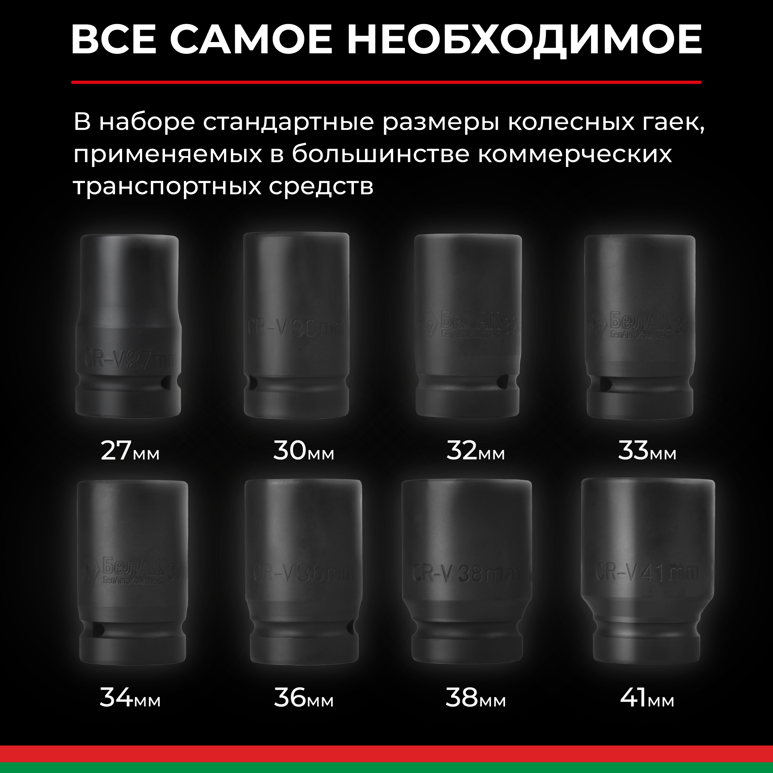 Набор головок 1'' (25мм) к-т 8 шт. (27,30,32,33,34,36,38,41 мм.) БелАК БАК.00108 — изображение 3