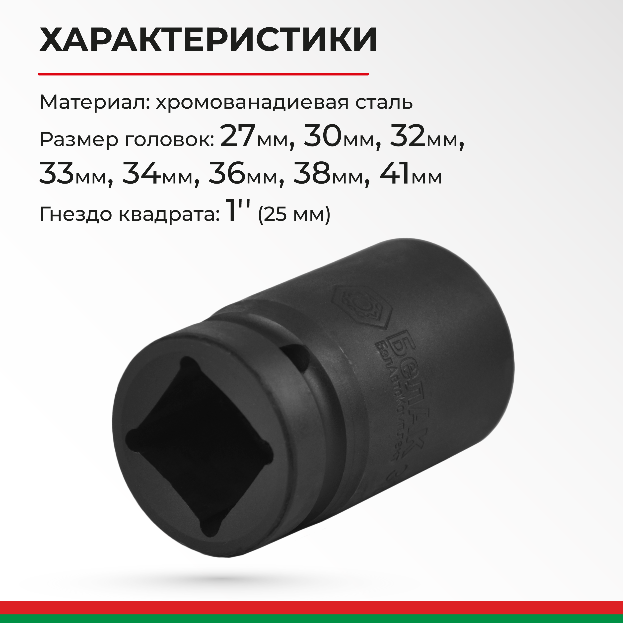 Набор головок 1'' (25мм) к-т 8 шт. (27,30,32,33,34,36,38,41 мм.) БелАК БАК.00108 — изображение 8