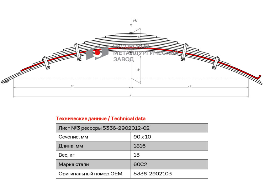 Лист №3 рессоры передней L=1816 мм ЧМЗ 5336-2902103