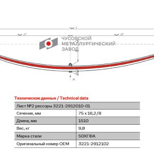 Лист №2 рессоры задней L=1510 мм ЧМЗ 3302 нов.обр.(3-х лист) 3221-2912102