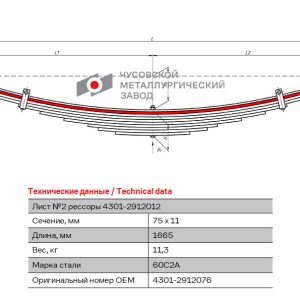 Лист №2 рессоры задней L=1665 мм ЧМЗ 4301-2912076